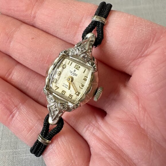 Vintage Bulova Semag Rolled White Gold and Diamond Art Deco Watch
